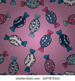 Vector illustration. Cute and colorful candy sweet seamless pattern on pink, blue and black background. Pink, blue and black version. Isolated.