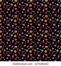 Vector illustration. Cute and colorful candy sweet seamless pattern on black, white and purple background. Black, white and purple version. Isolated.