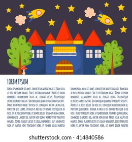 Vector illustration with cute colorful cartoon fantasy world: rockets, castle, trees, stars. Children book cartoon cover or illustration. Vector background. Fantasy dream world pattern
