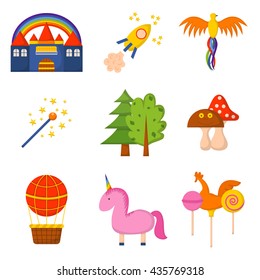 Vector illustration with cute colorful cartoon fantasy world: rockets, castle, trees, unicorn, balloon, amanita. Children book cartoon cover or illustration. Vector icons. Fantasy dream world template