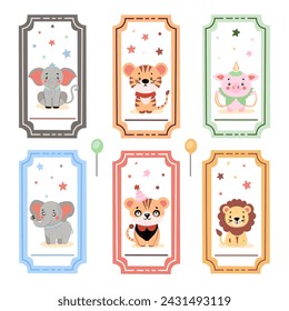 Vector illustration of cute and colorful circus animal set. Cute circus animals and clown character design.