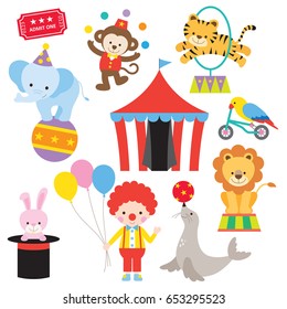 Vector Illustration Of Cute And Colorful Circus Animals.