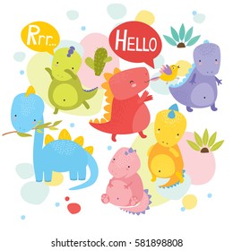 vector illustration. cute colorful dinosaurs for kids. dino say hello