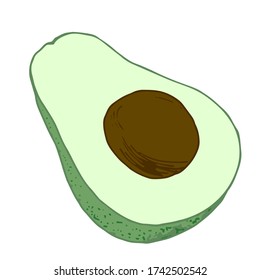 Ilustración vectorial. La mitad de un aguacate colorido y lindo aislado en blanco. Clíparte del doodle dibujado a mano. Verduras útiles. Perfecto para la carta, el afiche y la pancarta de comida.