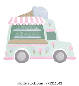 Vector illustration of cute and colorful ice cream truck isolated on white background