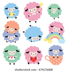 Vector illustration of cute colorful sheep with heart, star, and rainbow.