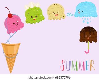 Ilustración vectorial de la tierna y colorida caricatura de helado sonriente, muchos sabores con ingredientes, cono de wafer sobre fondo rosa