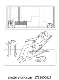 Vector illustration, cute coloring book with a girl and a cat. A young woman is resting in a chair on the balcony. Simple interior, window, table, flowers.