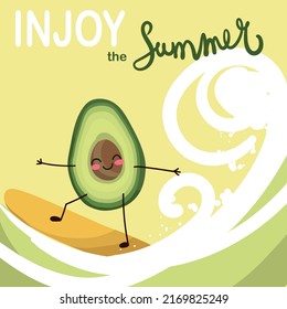 Vector illustration of a cute, comical, cartoon character of an avocado surfer on a board riding the waves, summet time, summer vibes. Inscription Injoy the summer.