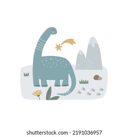 vector illustration, cute composition for kids, concept for kids, dino character surrounded with beautiful elements