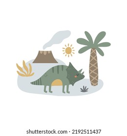 vector illustration, cute composition for kids, concept for kids, dino character surrounded with beautiful elements