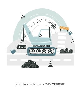 Vector illustration of cute construction car, mountains, hills and rainbow. City, road. Bulldozer, crane, truck. Transport. Cute funny vehicles for children. Building. Baby boy. Poster with car.