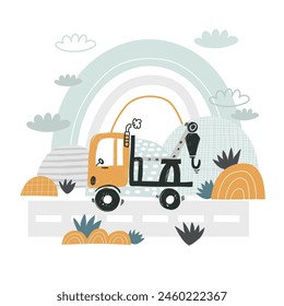 Vector illustration of cute construction car, mountains, hills and rainbow. City, road. Bulldozer, crane, truck. Transport. Cute funny vehicles for children. Building. Baby boy. Poster with car.