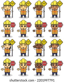 Vector Illustration Of Cute Construction Kids With Construction Site Sign Board . Childrens With Construction Tools Making Job Working Builders. Kids Construction Cartoon. Flat Vector Cartoon.