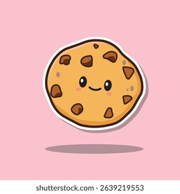 Vector illustration of cute cookie sticker with choco chip simple design on pink background