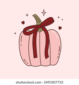 Vector illustration of cute coquette pumpkin with burgundy bow. Pink halloween decoration. Autumn season symbol in trendy colors. Girly vegetable with bloody red ribbon 