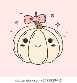 Vector illustration of cute coquette pumpkin with bow. Pink halloween decoration. Autumn season symbol in pastel color. Girly vegetable character with ribbon 