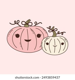 Vector illustration of cute coquette pumpkins with bows. Pink halloween and thanksgiving decoration. Autumn season symbol in pastel color. Girly vegetable characters with ribbons