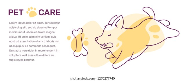 Vector illustration of a cute corgi dog with bone and text on white background. Line art style design of running dog for web, site, greeting card, invitation, banner