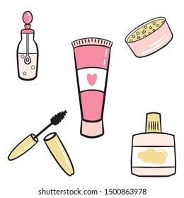 Vector illustration of a cute cosmetics  makeup  icons set. Doodle style.  Hands cream, tinsel, serum, oil, perfume, mascara.
