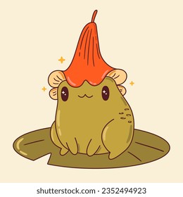 Ilustración vectorial de la linda rana cottagecore con un gorro de flor. Adorable sapo de hadas sentado sobre lirio acuático. Bruja verde, estética de goblincore. Pegatinas para animales mágicos, impresión, diseño de tarjetas