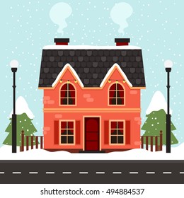 vector illustration of cute country house with christmas tree on snowing background. cute cozy winter house