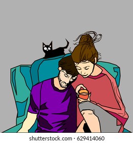 Vector illustration of cute couple with cat on the chair.
