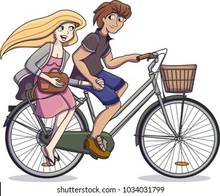 Vector illustration of a cute couple cycling on a green bicycle with a basket. Boy cycling and girl sitting at the back.