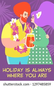 Vector illustration of a cute couple embracing and drinking a cocktail on the background of palm trees. Colorful cartoon characters for Valentine's day greeting card or banner