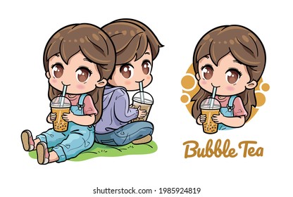 Vector illustration of cute couple enjoying bubble tea.