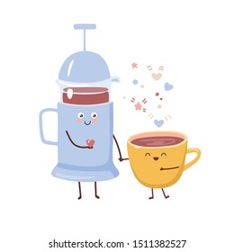 Vector illustration of a cute couple: a French press pot and a cup of hot beverage. Tea or coffee cartoon characters in kawaii style. Trendy flat illustration for card, poster design.
