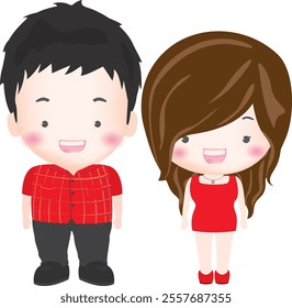 vector illustration of cute couple on red, cute chubby smiling boy and girl standing, isolated on transparent background