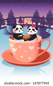 A vector illustration of cute couple panda riding teacup game at the amusement park