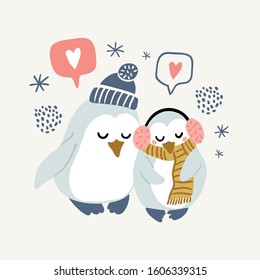 Vector illustration of cute couple of penguins hugging and wearing warm clothes - hat, headphones, scarf. Valentines day animals illustration. Cute penguins couple in love. 