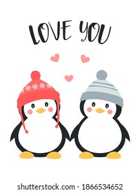 vector illustration of cute couple of penguins hugging and wearing warm hats, valentines day animals illustration, cute penguins couple in love