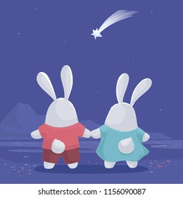 Vector illustration with cute couple  rabbits hold hands for each other and staring for the falling star at night blue sky