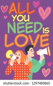 Vector illustration of a cute couple in retro style talking in megaphone and congratulating on Valentine's Day. Colorful cartoon characters for greeting card or banner