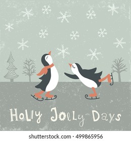 vector illustration of a cute couple of skating penguins and Holly Jolly Days hand lettering text