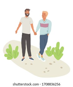 Vector illustration of cute couple of two men holding hands on the walk outside in the part. Lgbt couple in love, gay couple in the park. Modern family concept. Best friends illustrations