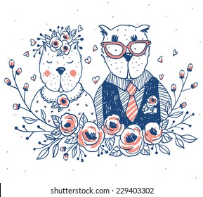 vector illustration with a cute couple of two funny cats