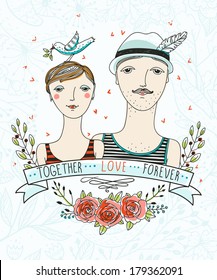 vector illustration of a cute couple with vintage flowers and ribbons