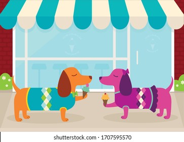 A vector illustration of a cute couple of well dressed fancy Dachshund wiener dogs on a date eating ice cream cones on the sidewalk in front of an ice cream shop in summer
