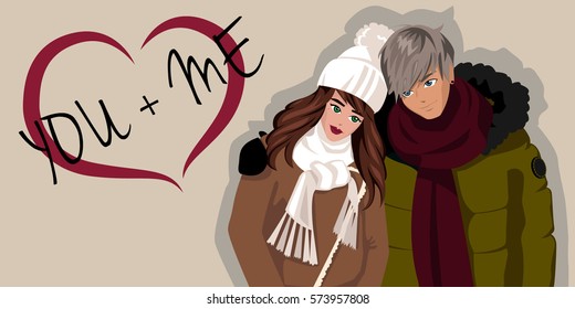 Vector illustration with cute couple in winter clothing
