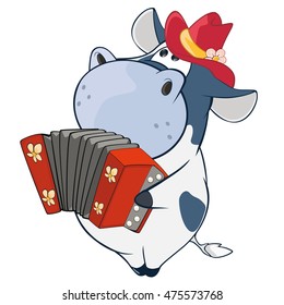 Vector Illustration of a Cute Cow  Accordion Player. Cartoon Character