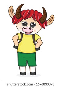 Vector illustration of a cute cow boy in a yellow t-shirt and green shorts. Funny cow character.