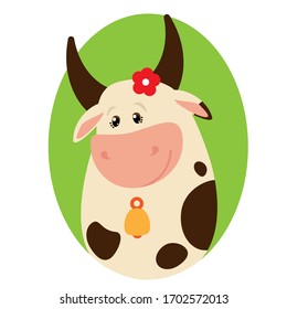 Vector illustration of cute cow, bull. Cartoon Farm Pets. Brightly colored children's illustration portrait of a cow isolated on a white background
