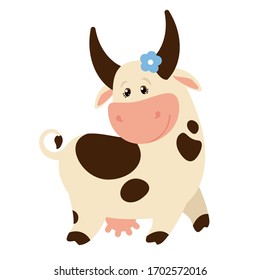 Vector illustration of cute cow, bull. Cartoon Farm Pets. Brightly colored children's illustration portrait of a cow isolated on a white background