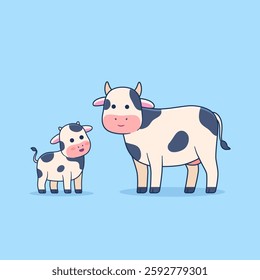 Vector illustration of cute cow and calves in cartoon style. 