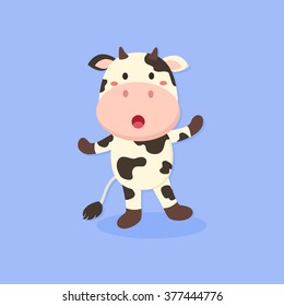 Vector illustration of cute cow cartoon character standing in blue background. 
