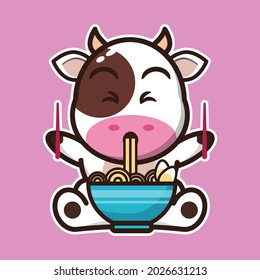 vector illustration of cute cow 
eating noodles